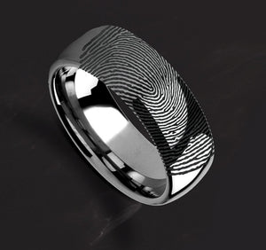 Actual Real Fingerprint Engraved Domed Rounded Pipe Cut Tungsten Ring Polished - 2mm to 10mm Available - The Veil