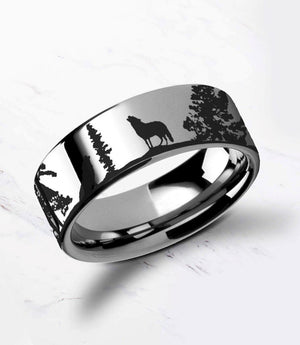 Open image in slideshow, Animal Landscape Scene Wolf Wolves Ring Engraved Flat Tungsten Ring - 4mm to 10mm - The Veil
