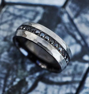 Black Diamond Tungsten Carbide Ring With Brushed Hammered Finish, Modern Rock Hammer Texture Band, Stone Texture Black Diamond Band - 8mm - The Veil