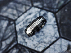 Open image in slideshow, Black Edge Two tone Silver Wedding Ring, Raised Center Silver Steel Inlay &amp; 9 Channel Set White Diamonds, Mens Big White Diamond Ring - 8mm - The Veil
