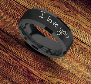 Black Tungsten Beveled Edge Ring Engraved Handwriting, Handwritten Ring with Brushed Center and Polished Beveled Edges - 8mm - The Veil