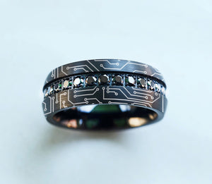 Open image in slideshow, Black Tungsten Ring with Black Diamonds and Circuit Board Engraved Pattern, Computer Motherboard Circuit Board Diamond Ring - 8mm - The Veil
