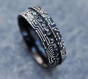 Open image in slideshow, Black Tungsten Ring with Black Diamonds and Computer Circuit Engraved Pattern, Hacker Motherboard Ring, Wires Chip Design - 6mm &amp; 8mm - The Veil
