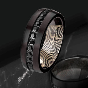 Abrir la imagen en la presentación de diapositivas, Black Tungsten Ring with Black Diamonds and Inside Fingerprint Engraving, Fingerprint Jewelry with gems, Inner Fingerprint RIng - 8mm - The Veil
