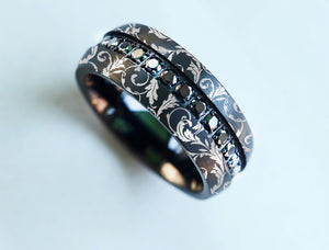 Abrir la imagen en la presentación de diapositivas, Black Tungsten Ring with Black Diamonds and Victorian Pattern Engraved FIligree Pattern, Leaves Leaf Intricate Pattern Diamond Ring - 8mm - The Veil
