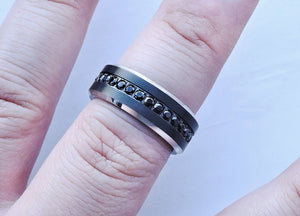 Abrir la imagen en la presentación de diapositivas, Black Tungsten Ring with Black Diamonds, Domed Rounded Black Tungsten Band with Black Diamonds and Silver Beveled Edge - 8mm - The Veil
