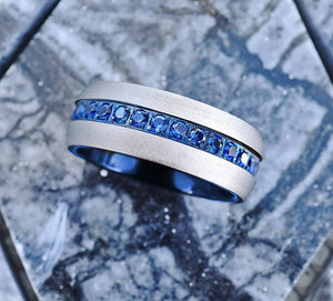 Domed Tungsten Ring with Satin Finish and Blue Gems, Mens Silver Satin Finish Ring, Blue Gems Wedding Ring with polished blue inside - 8mm - The Veil