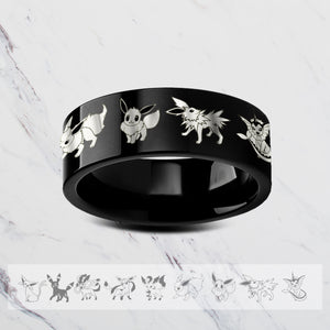 Open image in slideshow, Engraved Eevee Inspired Ring, Eevee Promise Ring, Beveled Edge Tungsten Carbide - 8mm.
