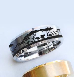 Open image in slideshow, Engraved African Safari Animal Landscape Ring, Africa Animals Engraved Promise Ring, African Savannah Wedding Band, Tungsten Carbide - 8mm - The Veil
