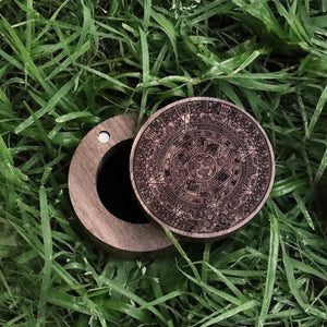 Open image in slideshow, Engraved Aztec Calendar Pattern Black Walnut Wood Ring Box, Aztec Promise Ring Box, Aztec Wedding Band Box, Aztec Design Engagement Ring Box - The Veil
