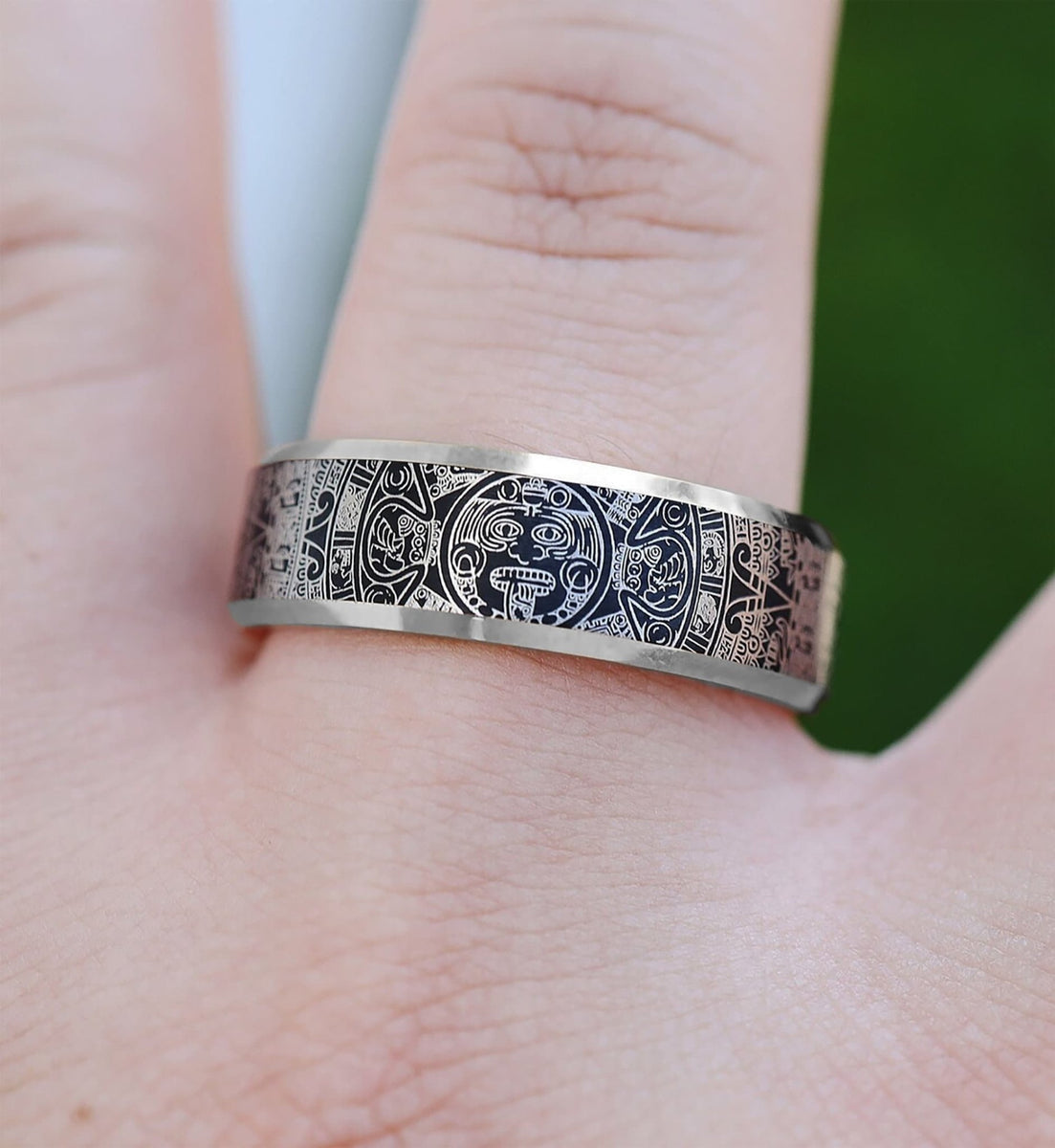 Aztec Calendar Engraved Pattern Engraved Aztec Calendar Pattern Ring, Aztec Promise Ring, Ancient A...