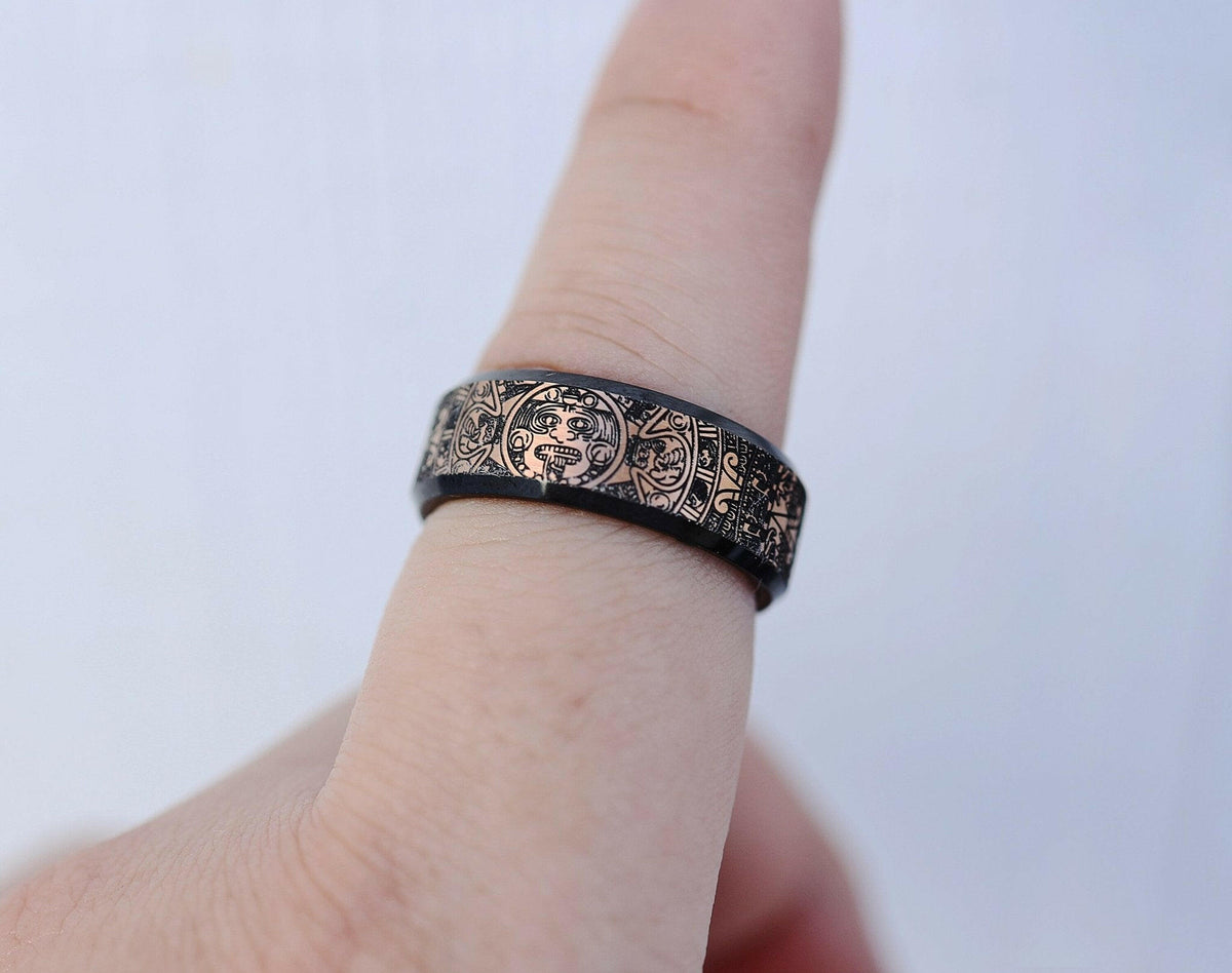 Engraved Aztec Culture Ring, Aztec Black Engraved Aztec Mayan Ring,...