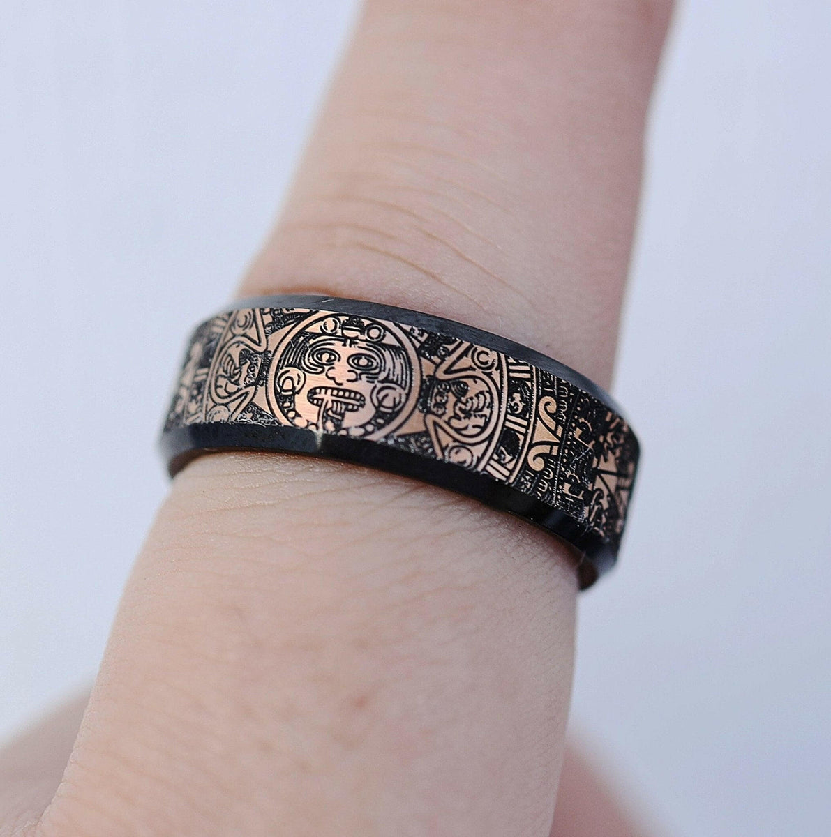 Engraved Aztec Culture Ring, Aztec Black Engraved Aztec Mayan Ring,...