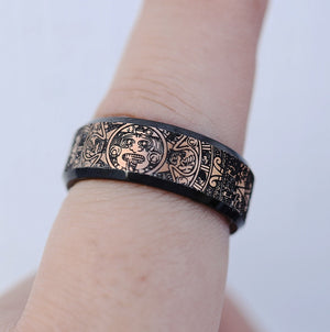 Engraved Aztec Culture Ring, Aztec Black Engraved Aztec Mayan Ring, Ancient Aztec Pattern Wedding Band, Aztec Design Engagement Ring - 8mm - The Veil