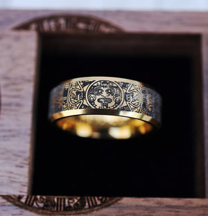 Engraved Aztec Culture Ring + Engraved Aztec Calendar Rectangular Ring Box, Engraved Black Walnut Wood Ring Box & Ring Dual, - 8mm Wide Ring - The Veil