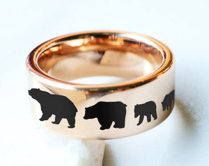 Open image in slideshow, Engraved Bear Family Wedding Band, Bear Family Promise Ring, Mama Bear, Papa Bear, Bear Cubs Engagement Ring, Teddy Bear Jewelry 4mm to 10mm - The Veil
