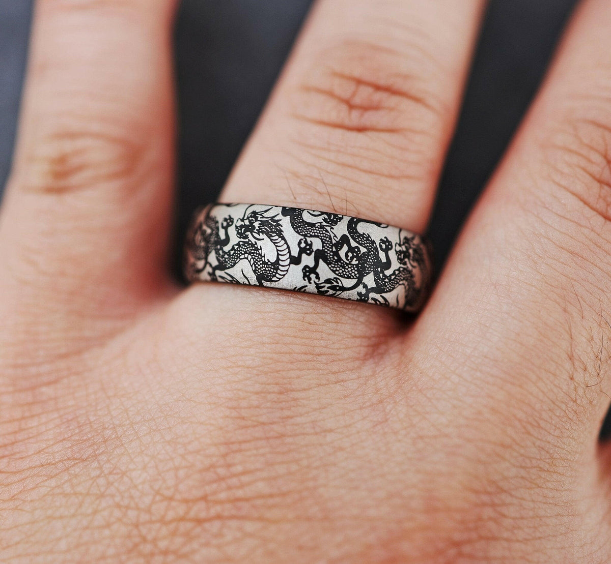 Engraved Black Dragon Promise Ring, Ancient Chinese Custom Dragon W...