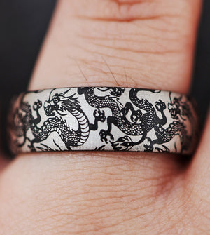 Engraved Black Dragon Promise Ring, Ancient Chinese Custom Dragon Wedding Ring, Dragon Engagement Ring, Beautiful Midnight Dragon Ring - 8mm - The Veil