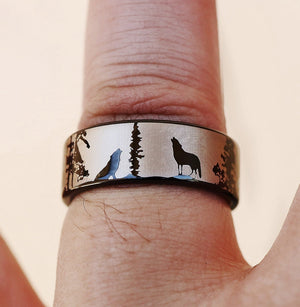 Engraved Black Wolf Couple Ring, Black Tungsten Wolf Ring, Wolf Promise Ring, Wolf Pack Band, Wolf Band - 6mm, 8mm and 10mm Available - The Veil