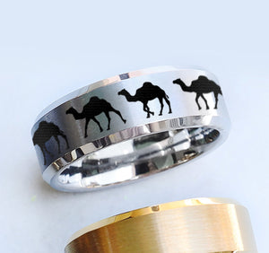 Open image in slideshow, Engraved Camel Ring, Camel Ring, Camel Jewelry, Camel jewelry, Black Tungsten Beveled Edge Ring - 8mm - The Veil
