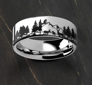 Engraved Deer Family Mountain Landscape Scene Tungsten Ring Flat Polished Finish - 4mm to 10mm Silver Gold Black Colors Available - The Veil