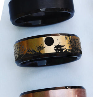 Engraved Feudal Japan Scene Ring, Old Japan Scene Ring, Nihon Japanese architecture Ring, Rising Sun Ring, Japanese Style Wedding Ring - 8mm - The Veil