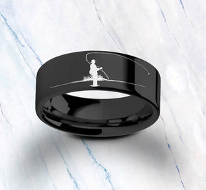 Engraved Fly Fishing Black Wedding Ring, Fly Fishing Promise Ring, Angler Engagement Ring, Fly Fishing River Wedding Band, Black Hunter Ring - The Veil