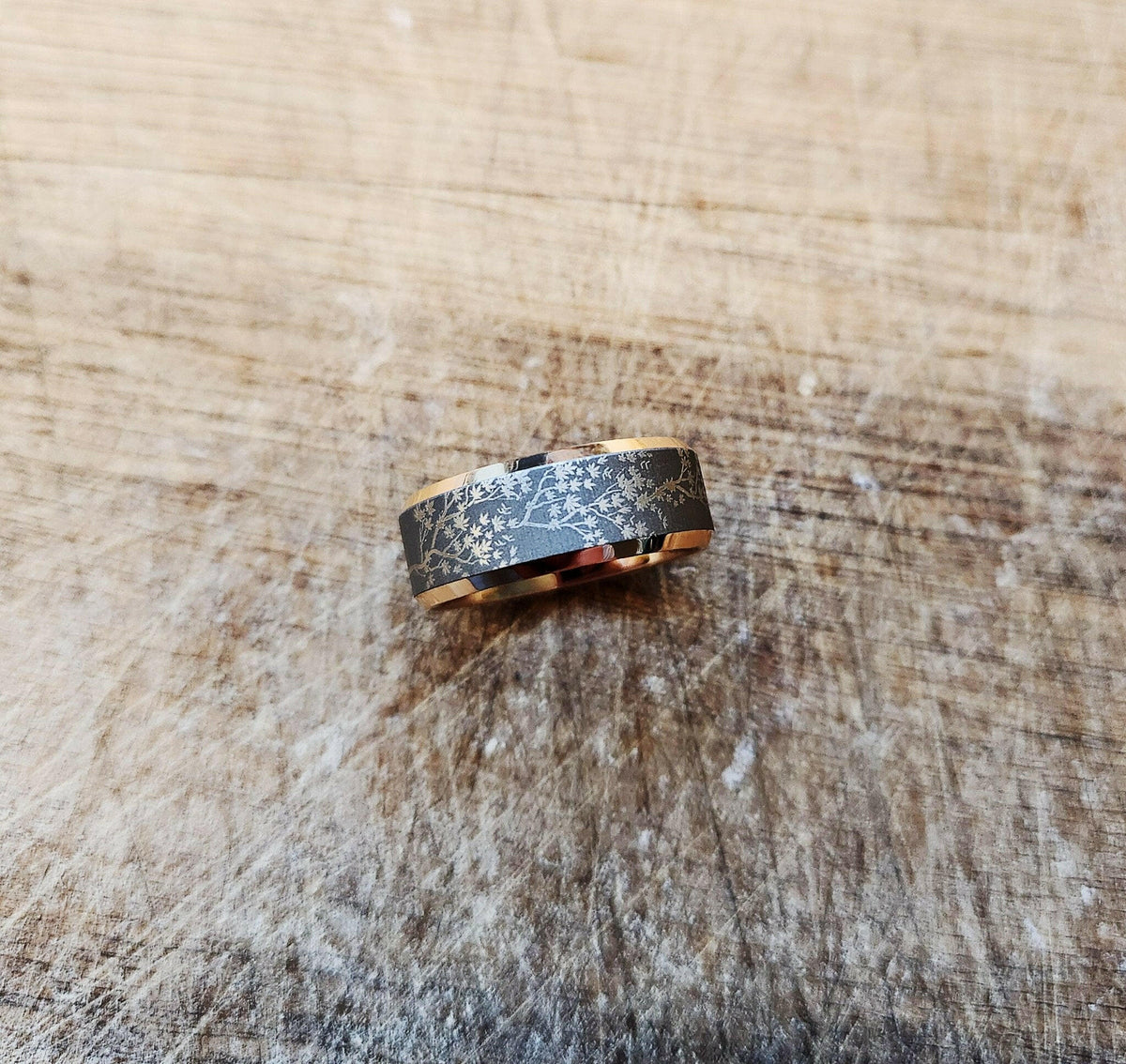 Engraved Japanese Maple Tree ring, 18K Plated Two Tone Ring , Maple...
