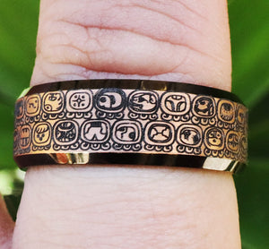 Open image in slideshow, Engraved Maya Symbols Ring, Mesoamerican Promise Ring, Ancient Maya Wedding Band, Maya Pattern Engagement Ring, Mexican Maya Ring - 8mm - The Veil
