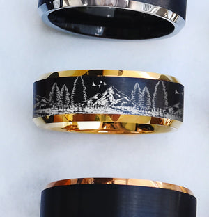 Engraved Mountain Landscape & Tree line ring Wedding Ring, Flying Birds Nature Scene Wedding Band, Mountain River Lake Scene Ring - 8mm - The Veil