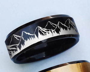 Engraved Mountain Mens Band, Two Tone Black Ring, Mountain Landscape Scene Ring, Engraved Engagement Band, Forest Ring, Nature Ring - 8mm - The Veil