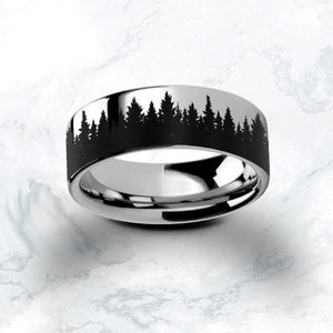 Engraved Tree line ring wedding band, Tree Line Silver Tungsten Ring, Forest Ring - 4mm to 10mm and Multiple Colors - Free Size Exchange!.