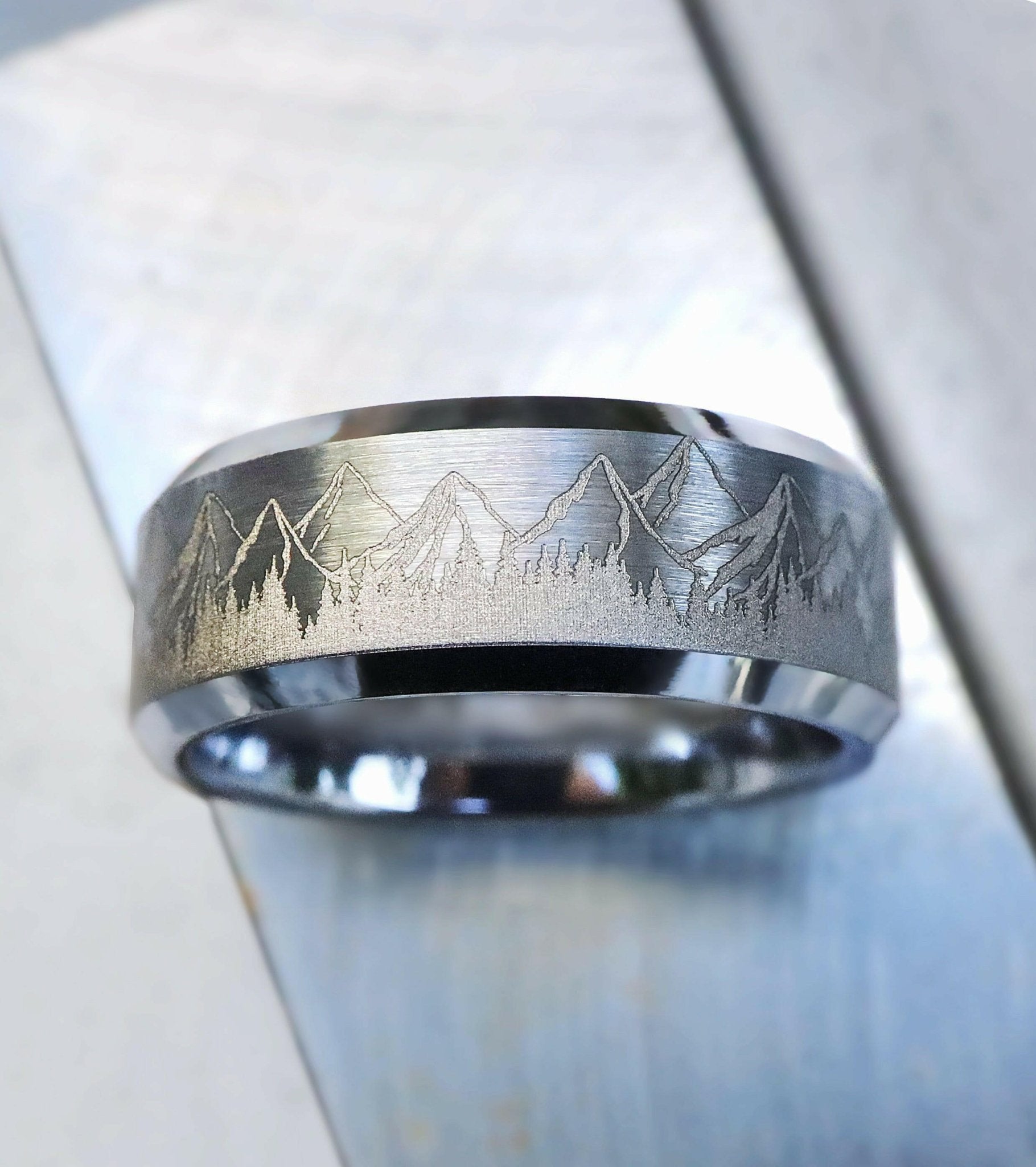 LIGHT Engraved Mens Mountain Wedding Band, Mountain Engagement Ring... LIGHT Engraved Mens Mountain Wedding Band, Mountain Engagement Ring...
