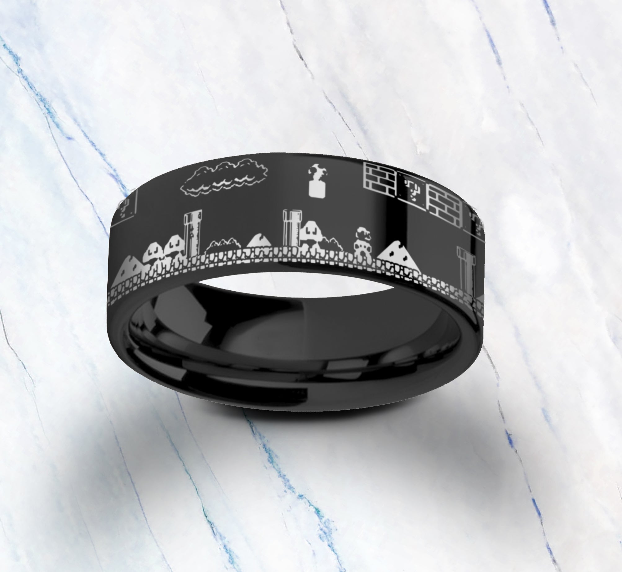 Engraved Super Mario Inspired Ring Pixel Level Game Tungsten Ring