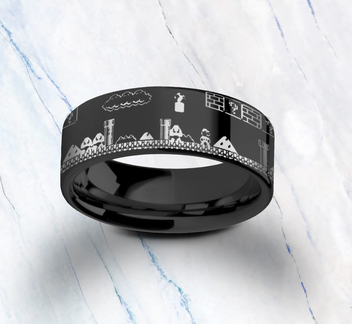 Engraved Super Mario Inspired Ring Pixel Level Game Tungsten Ring