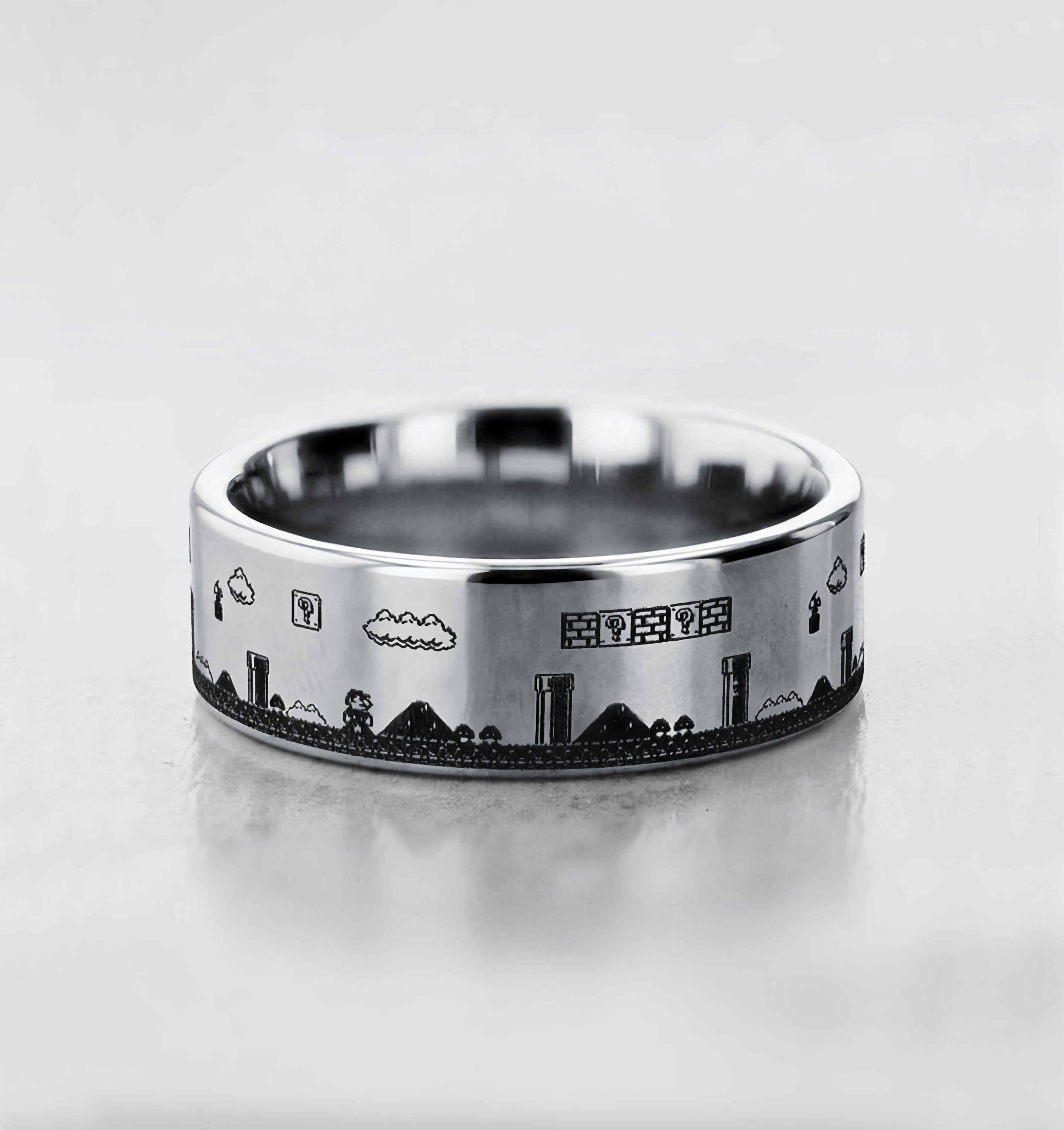 Engraved Super Mario Inspired Ring Pixel Level Game Tungsten Ring
