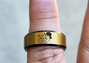 Open image in slideshow, Engraved Ash &amp; Pikachu Inspired Ring, Ash &amp; Pikachu Promise Ring, Beveled Edge Tungsten Carbide - 8mm
