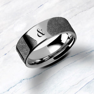 Real Fingerprint Couples Ampersand Tungsten Carbide Engraved Wedding Band Flat and Polished - 2mm to 10mm Available, Multiple Colors! - The Veil