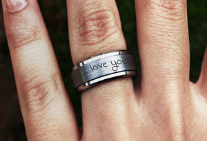 Bild in Slideshow öffnen, Silver Handwriting Tungsten Spinner Handwritten Ring, Fidget Spinner Handwriting Tungsten Ring, Fidget handwritten Ring - 8mm - The Veil
