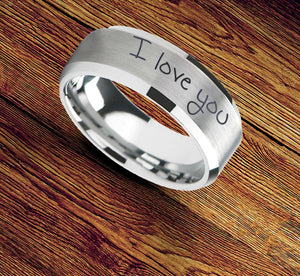 Bild in Slideshow öffnen, Silver Tungsten Beveled Edge Ring Engraved Handwriting, Handwritten Ring with Brushed Center and Polished Beveled Edges - 8mm - The Veil
