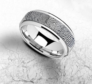 Bild in Slideshow öffnen, Silver Tungsten Spinner Fingerprint Ring, Fidget Spinner Tungsten Ring, Mens &amp; Women Fidget Fingerprint Ring, Fidget Spinner Ring - 8mm - The Veil
